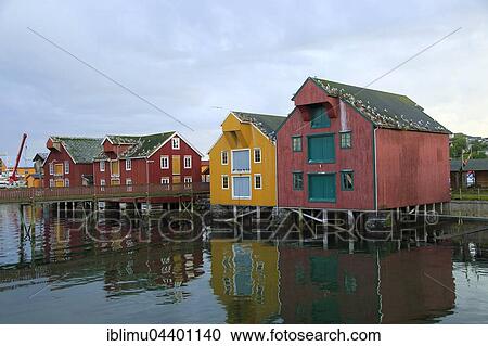 Stock Image - Traditional harbour buildings, fishing village Rorvik, Norway, Europe. Fotosearch