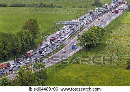 Stock Photograph - Traffic jam on highway A8, Irschenberg, Upper Bavaria, Bavaria, Germany, Europe. Fotosearch