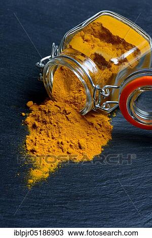 Stock Image - Turmericpowder ( Curcuma longa) with glass vessel. Fotosearch
