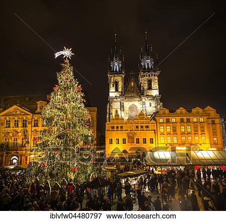 Tyn Cathedral, Christmas market on the Old Town Square, night scene, historic centre, Prague, Bohemia, Czech Republic, Europe View Large Photo Image Stock Photo - Tyn Cathedral, Christmas market on the Old Town Square, night scene, historic centre, Prague, Bohemia, Czech Republic, Europe. Fotosearch