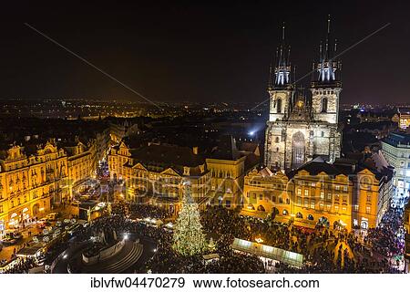 Tyn Cathedral, Christmas market, view from Old Town Hall at night, Old Town Square, historic centre, Prague, Czech Republic, Europe View Large Photo Image Stock Photo - Tyn Cathedral, Christmas market, view from Old Town Hall at night, Old Town Square, historic centre, Prague, Czech Republic, Europe. Fotosearch