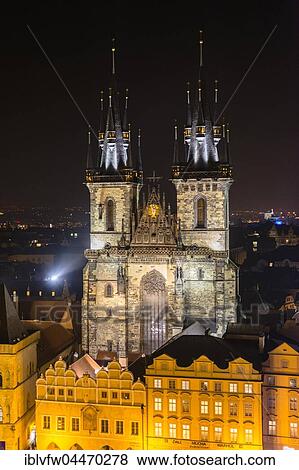 Tyn Church, view from Old Town Hall at night, historic centre, Prague, Czech Republic, Europe View Large Photo Image Stock Photo - Tyn Church, view from Old Town Hall at night, historic centre, Prague, Czech Republic, Europe. Fotosearch