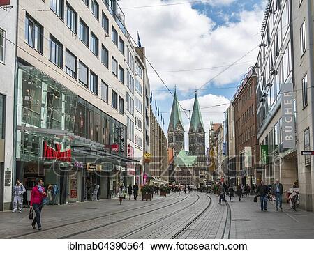 Picture - Upper Street, shopping street, behind Bremen Cathedral St. Petri, Bremen, Germany, Europe. Fotosearch