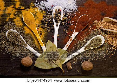 Various dried spices on small spoons, paprika, colorful peppercorns, basil, bay leaves, coarse salt, nutmeg, oregano, turmeric, cumin, mustard seeds View Large Photo Image Picture - Various dried spices on small spoons, paprika, colorful peppercorns, basil, bay leaves, coarse salt, nutmeg, oregano, turmeric, cumin, mustard seeds. Fotosearch