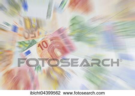 Stock Image - Various euro banknotes, 10 euros, zoom effect. Fotosearch