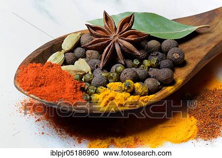 Various spices in wooden spoon, paprika, chili, allspice, turmeric, star anise, cardamom, green pepper, nutmeg powder, bay leaf View Large Photo Image Stock Image - Various spices in wooden spoon, paprika, chili, allspice, turmeric, star anise, cardamom, green pepper, nutmeg powder, bay leaf. Fotosearch