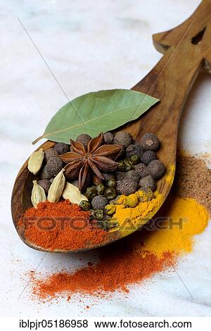 Various spices in wooden spoon, paprika, chili, allspice, turmeric, star anise, cardamom, green pepper, bay leaf, nutmeg powder View Large Photo Image Stock Photo - Various spices in wooden spoon, paprika, chili, allspice, turmeric, star anise, cardamom, green pepper, bay leaf, nutmeg powder. Fotosearch