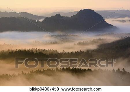 Stock Photo - View from Kleiner Winterberg to Lorenzsteine, Elbe Sandstone Mountains, Saxon Switzerland, Saxony, Germany, Europe. Fotosearch