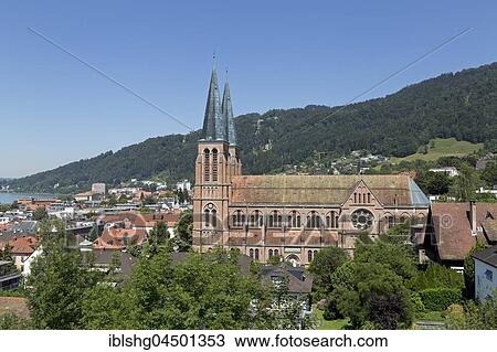 Stock Image - View from St. Martin's Tower, on parish church Bregenz Heart of Jesus, Oberstadt, Bregenz, Lake Constance, Vorarlberg, Austria, Europe. Fotosearch
