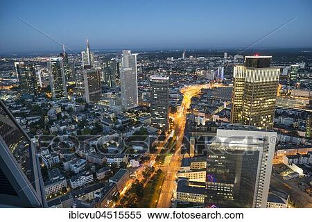 Stock Photography - View from the Messeturm, Frankfurt's financial district, Skyline at dusk, Frankfurt am Main, Hesse, Germany, Europe. Fotosearch