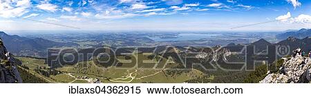 Stock Photography - View from the summit of the Kampenwand to Lake Chiemsee, Chiemgau, Bavaria, Germany, Europe. Fotosearch