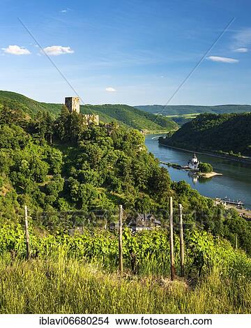 Picture - View of Gutenfels Castle on the Rhine, in the back Pfalzgrafenstein Castle, Kaub, Rhineland-Palatinate, Germany, Europe. Fotosearch