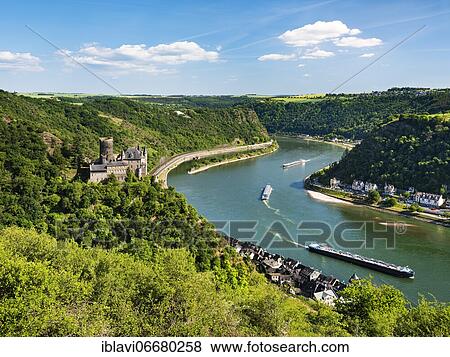 View of Katz Castle on the Rhine, also Neukatzenelnbogen Castle, in the back the Loreley Rock, World Heritage Upper Middle Rhine Valley, St. Goarshausen, Rhineland-Palatinate, Germany, Europe View Large Photo Image Stock Photo - View of Katz Castle on the Rhine, also Neukatzenelnbogen Castle, in the back the Loreley Rock, World Heritage Upper Middle Rhine Valley, St. Goarshausen, Rhineland-Palatinate, Germany, Europe. Fotosearch