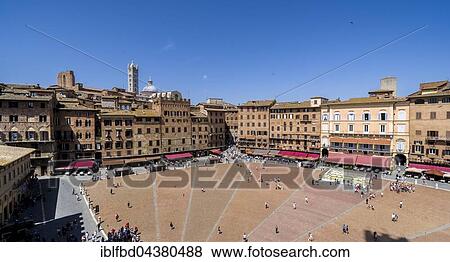 Stock Photo - View of Piazza del Campo and surrounding buildings from Palazzo Pubblico, Siena, Tuscany, Italy, Europe. Fotosearch