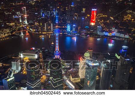 Stock Photography - View of Pudong at night, Oriental Pearl Tower, Shanghai, China, Asia. Fotosearch