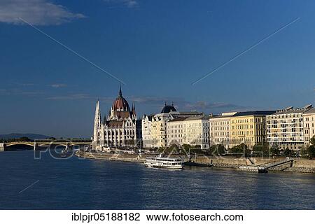 Stock Image - View over the Danube to the Parliament, Pest, Budapest, Hungary, Europe. Fotosearch