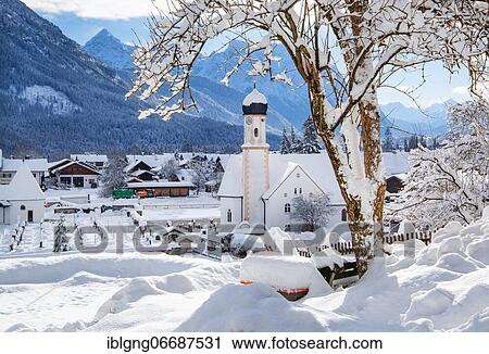 Village view with parish church and Karwendel mountains, Wallgau, Werdenfelser Land, Upper Bavaria, Bavaria, Germany, Europe View Large Photo Image Stock Image - Village view with parish church and Karwendel mountains, Wallgau, Werdenfelser Land, Upper Bavaria, Bavaria, Germany, Europe. Fotosearch
