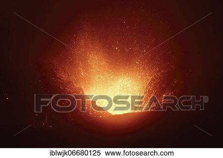 Stock Photography - Volcanic eruption at Fimmvörðuháls, fissure eruption between Mýrdalsjökull and Eyjafjallajökull, at night, Iceland, Europe. Fotosearch
