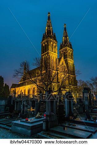Vyšehrad Cemetery with Basilica of St. Peter and St. Paul, night scene, Prague, Bohemia, Czech Republic, Europe View Large Photo Image Stock Image - Vyšehrad Cemetery with Basilica of St. Peter and St. Paul, night scene, Prague, Bohemia, Czech Republic, Europe. Fotosearch