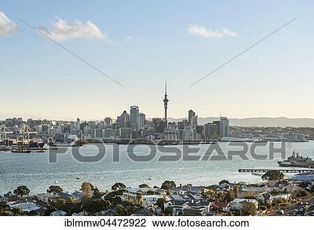 Stock Image - Waitemata Harbour, Sky Tower, skyline with skyscrapers, Central Business District, Auckland Region, North Island, New Zealand, Oceania. Fotosearch