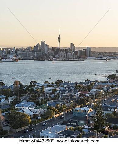 Waitemata Harbour, Sky Tower, skyline with skyscrapers, evening mood, Central Business District, Auckland Region, North Island, New Zealand, Oceania View Large Photo Image Stock Photo - Waitemata Harbour, Sky Tower, skyline with skyscrapers, evening mood, Central Business District, Auckland Region, North Island, New Zealand, Oceania. Fotosearch