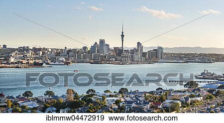 Stock Photo - Waitemata Harbour, Sky Tower, skyline with skyscrapers, Central Business District, Auckland Region, North Island, New Zealand, Oceania. Fotosearch
