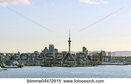 Stock Photography - Waitemata Harbour, Sky Tower, skyline with skyscrapers, Central Business District, Auckland Region, North Island, New Zealand, Oceania. Fotosearch