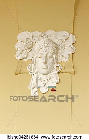 Picture - Wall sculpture head, detail, concourse, Art Nouveau, Central Station, Prague, Czech Republic, Europe. Fotosearch