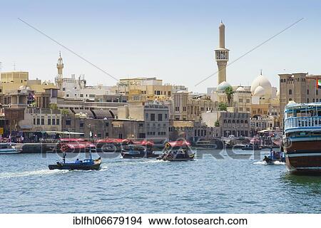 Water taxis, Dubai Creek, Deira, Dubai, United Arab Emirates, Asia View Large Photo Image Picture - Water taxis, Dubai Creek, Deira, Dubai, United Arab Emirates, Asia. Fotosearch