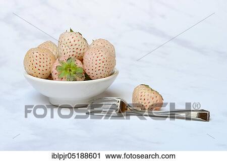 Stock Image - White strawberries in bowl, Fragaria x pineapplesa, Pineberry, Pineberries. Fotosearch