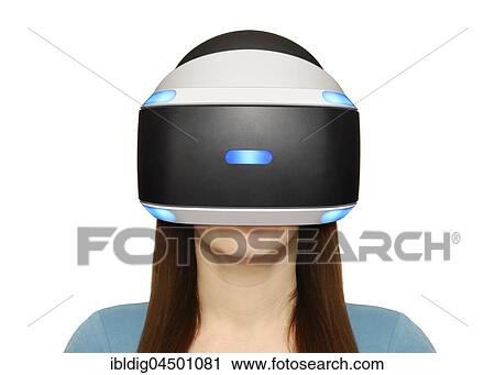 Stock Image - Woman wearing a Playstation VR headset. Fotosearch
