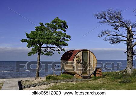 Stock Image - Wooden barrel as camping hut, Camping Saulesmajas, Kolkarags beach, Baltic Sea, Kurzeme, Kolka, Latvia, Europe. Fotosearch