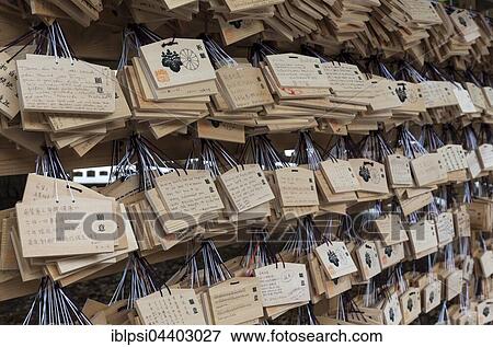 Stock Photo - Wooden ema wish plaques at Meiji Jingu Shrine, Tokyo, Japan, Asia. Fotosearch