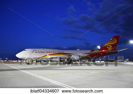 Yangtze River Express, Boeing, B 747-400 B, Chinese cargo plane, cargo, at dusk, Munich, Upper Bavaria, Bavaria, Germany, Europe View Large Photo Image Stock Photo - Yangtze River Express, Boeing, B 747-400 B, Chinese cargo plane, cargo, at dusk, Munich, Upper Bavaria, Bavaria, Germany, Europe. Fotosearch