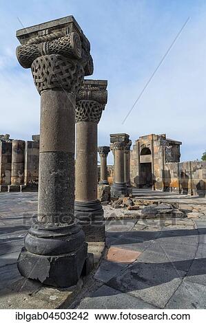 Stock Image - Zvarnots ruins, Zwartnots temple or St Gregory Cathedral, Mount Ararat in Turkey behind, Yerevan, Armavir Province, Armenia, Asia. Fotosearch