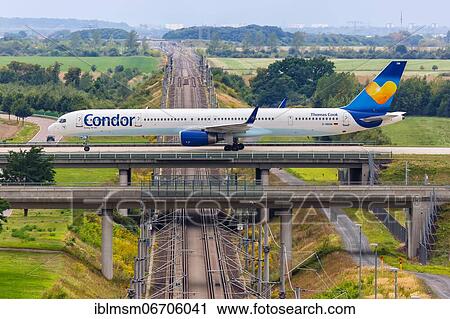 Stock Image - A Boeing 757-300 aircraft of Condor with registration number D-ABOM at Leipzig/Halle Airport (LEJ) in Schkeuditz, Germany, Europe. Fotosearch