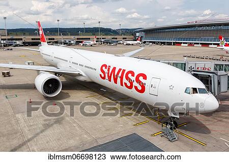Stock Image - A Boeing 777-300ER aircraft of Swiss with registration HB-JNG at Zurich airport, Switzerland, Europe. Fotosearch