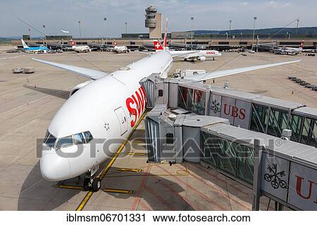 Stock Image - A Boeing 777-300ER aircraft of Swiss with registration HB-JNG at Zurich airport, Switzerland, Europe. Fotosearch