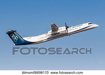 Stock Image - A Bombardier DHC-8-400 aircraft of Olympic Air with registration number SX-OBF at Athens Airport, Greece, Europe. Fotosearch