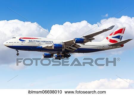 Stock Image - A British Airways Boeing 747-400 aircraft with registration G-BNLN at London Heathrow Airport, United Kingdom, Europe. Fotosearch