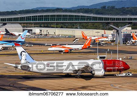 Stock Photo - A Norwegian Air United Kingdom Boeing 787-9 with registration G-CKWC at London Gatwick Airport, United Kingdom, Europe. Fotosearch