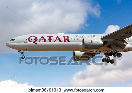 Stock Image - A Qatar Airways Boeing 777-300ER aircraft with registration number A7-BEK at London Heathrow Airport, United Kingdom, Europe. Fotosearch