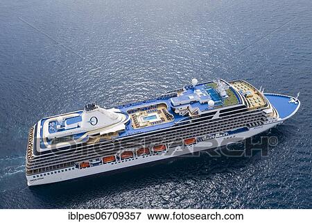 Stock Photo - Aerial view, cruise ship MS Riviera of the Oceania class, Cap Martin, department Alpes Maritimes, region Provence Alpes Cote d'Azur, France, Europe. Fotosearch