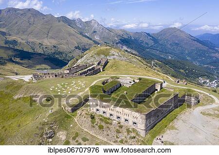 Aerial view Fort Central at an altitude of 1926 meters, located on the border between France and Italy at the Tende Pass, Colle di Tenda, Col de Tende, Department Alpes-Maritimes, Region Provence-Alpes-Cote d'Azur, France, Europe View Large Photo Image Stock Photograph - Aerial view Fort Central at an altitude of 1926 meters, located on the border between France and Italy at the Tende Pass, Colle di Tenda, Col de Tende, Department Alpes-Maritimes, Region Provence-Alpes-Cote d'Azur, France, Europe. Fotosearch
