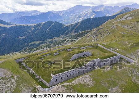 Aerial view Fort de Giaure at an altitude of 2253 meters, located on the border between France and Italy at the Tende Pass, Colle di Tenda, Col de Tende, Department Alpes-Maritimes, Region Provence-Alpes-Cote d'Azur, France, Europe View Large Photo Image Stock Photo - Aerial view Fort de Giaure at an altitude of 2253 meters, located on the border between France and Italy at the Tende Pass, Colle di Tenda, Col de Tende, Department Alpes-Maritimes, Region Provence-Alpes-Cote d'Azur, France, Europe. Fotosearch