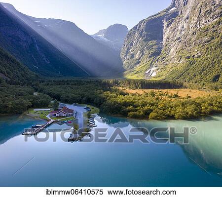 Aerial view, lake Lovatnet with rest area Kjenndalstova, Loen, Vestland, Norway, Europe View Large Photo Image Stock Photography - Aerial view, lake Lovatnet with rest area Kjenndalstova, Loen, Vestland, Norway, Europe. Fotosearch