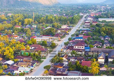 Aerial view of city, Vang Vieng, Vientiane Province, Laos, Asia View Large Photo Image Stock Photo - Aerial view of city, Vang Vieng, Vientiane Province, Laos, Asia. Fotosearch