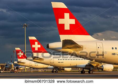 Stock Photo - Airbus A320 aircraft Tails of Swiss at Zurich Airport, Switzerland, Europe. Fotosearch