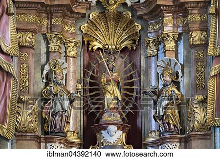 Stock Image - Altar with shrine image of Our Lady of Sorrows, in Frauenbergkirche church, Munderkingen, Upper Swabia, Swabia, Baden-Württemberg, Germany, Europe. Fotosearch