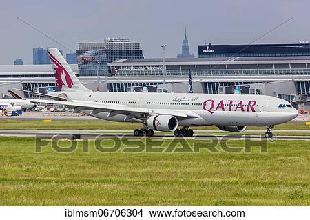 Picture - An Airbus A330-300 aircraft of Qatar Airways with registration number A7-AEA at Warsaw Airport, Poland, Europe. Fotosearch